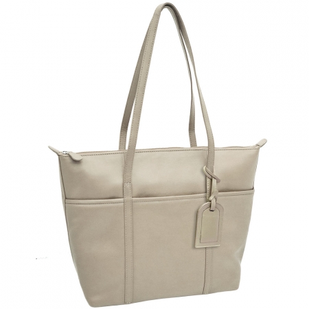 Beige Genuine Leather Top Handle Zip Tote Bag